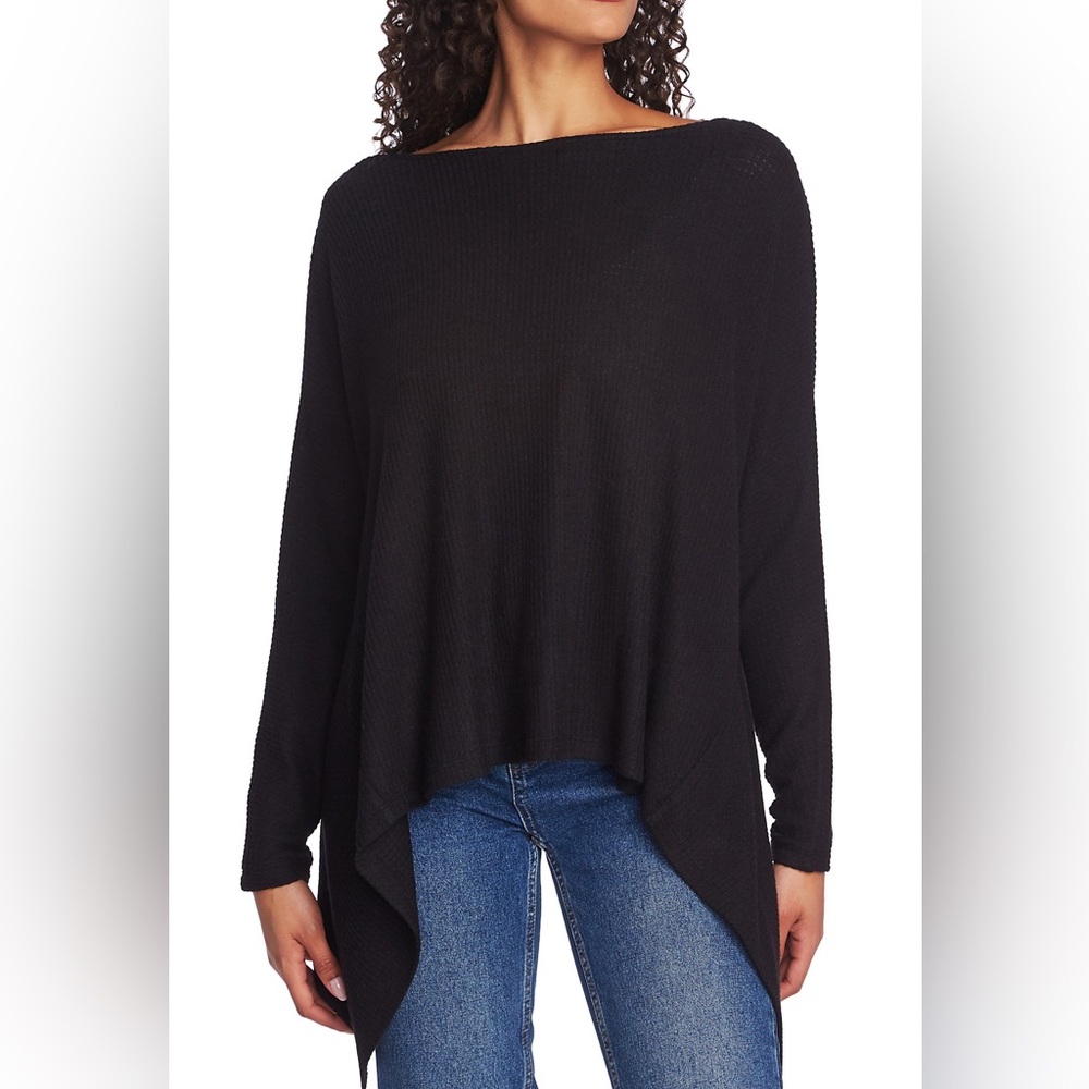 1 Slate asymmetric black waffle knit long sleeve top.